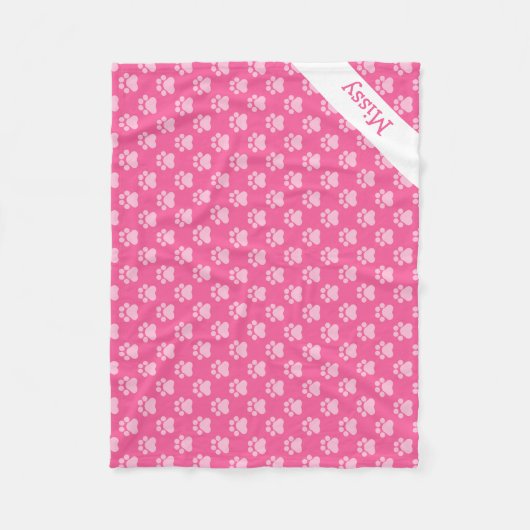 ピンクと白の猫の足と名前をカスタムする フリースブランケット (正面)
