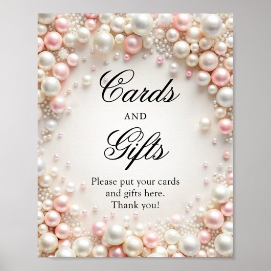 ピンクと白の真珠のブライダルシャワーカードとギフト ポスター (正面)