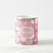 ピンクと白の秋パターンとカボチャと名前 コーヒーマグカップ (中央)