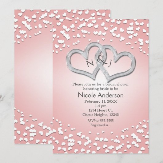 ピンクと白の絡み合うハート バレンタイン招待状 招待状 (正面/裏面)