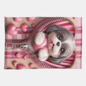 ピンクと白の背景のかわいい3Dシーズー（犬） キッチンタオル (横)