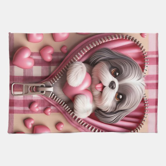 ピンクと白の背景のかわいい3Dシーズー(犬) キッチンタオル (横)