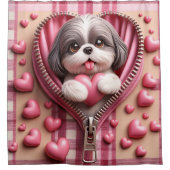 ピンクと白の背景のかわいい3Dシーズー(犬) シャワーカーテン (正面)