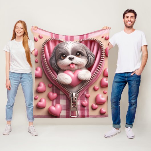 ピンクと白の背景のかわいい3Dシーズー(犬) フリースブランケット (インサイチュ)