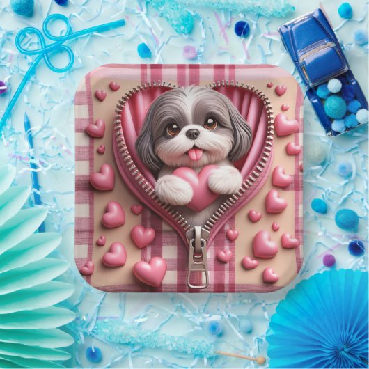 ピンクと白の背景のかわいい3Dシーズー（犬） ペーパープレート (パーティー)