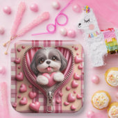 ピンクと白の背景のかわいい3Dシーズー(犬) ペーパープレート (パーティー)