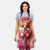 ピンクと白の背景のかわいい3D子犬(24) エプロン (着用した状態)