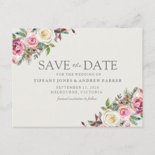 ピンクと白の花でSave The Date ポストカード
