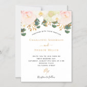 ピンクと白の花とゴールドのグリーンが美しいウェディング マグネット招待状 (正面)