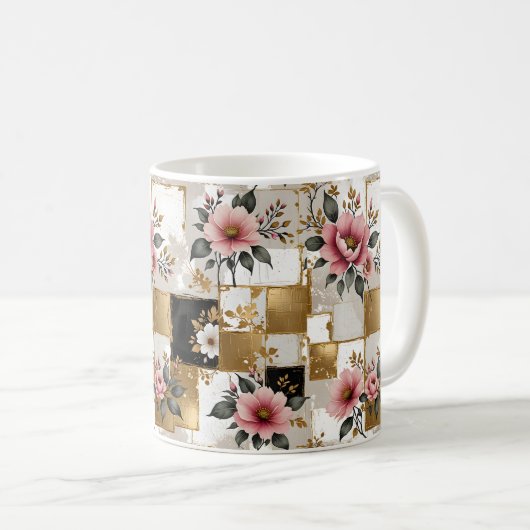 ピンクと白の花と金ゴールドと黒の正方形 コーヒーマグカップ (正面右)