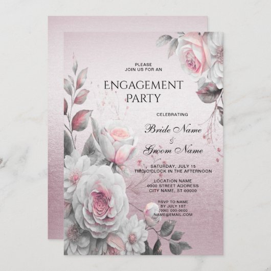 ピンクと白の花のエンゲージメント 招待状 (正面/裏面)
