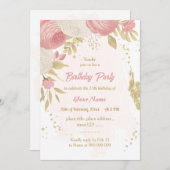 ピンクと白の花のゴールドボタニカル誕生日パーティー 招待状 (正面/裏面)