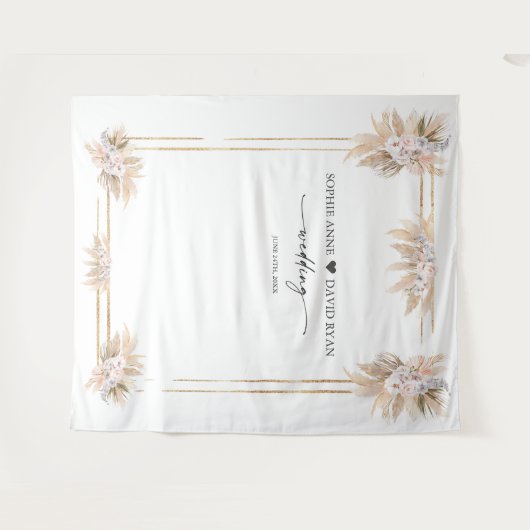 ピンクと白の花のパンパスグラス フォトブース ウェディング タペストリー (正面(横))