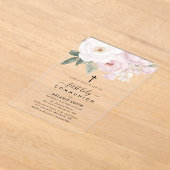 ピンクと白の花のファーストホーリーコミュニオン アクリル招待状 (レイダウン)