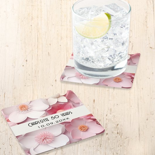 ピンクと白の花の名前の誕生日パーティー スクエアペーパーコースター
