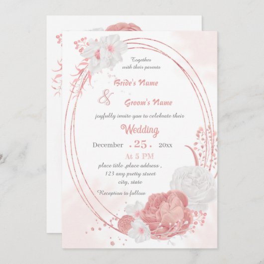 ピンクと白の花の植物幾何学結婚的な 招待状 (正面/裏面)