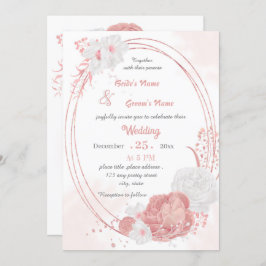 ピンクと白の花の植物幾何学結婚的な 招待状