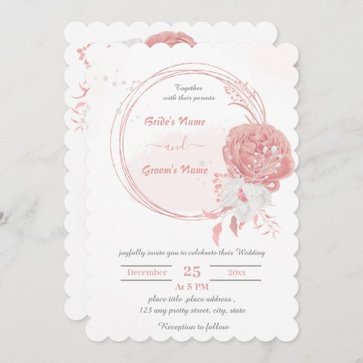 ピンクと白の花の植物性結婚リース 招待状 (正面/裏面)