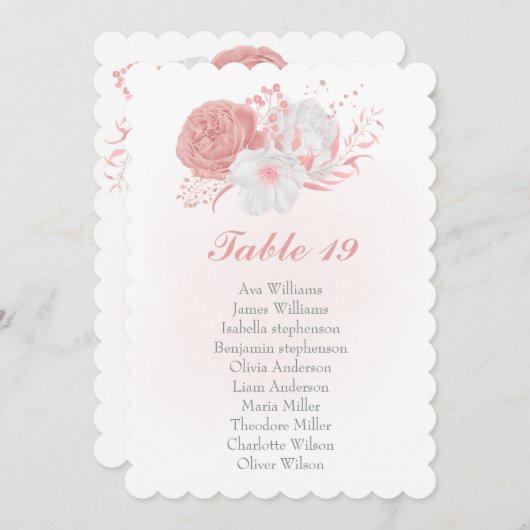 ピンクと白の花の植物用座席表カード (正面/裏面)