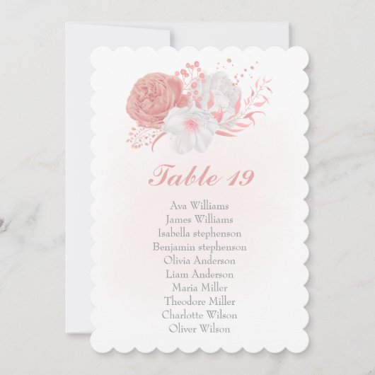 ピンクと白の花の植物用座席表カード (正面)