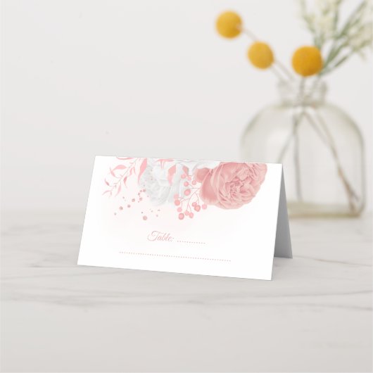ピンクと白の花の植物結婚の プレイスカード (正面)