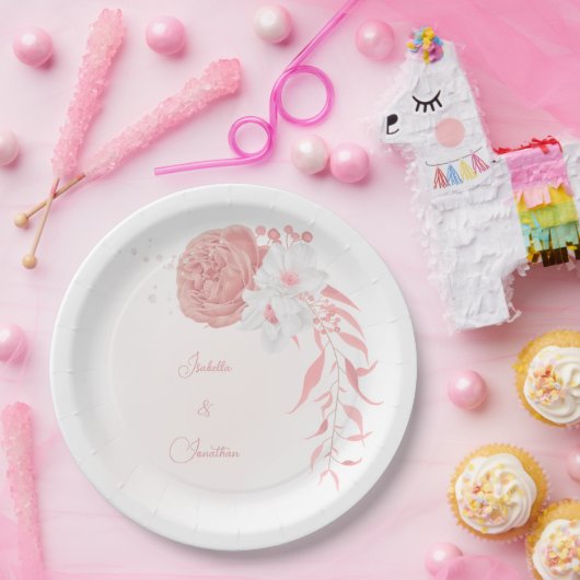 ピンクと白の花の植物結婚の ペーパープレート (パーティー)