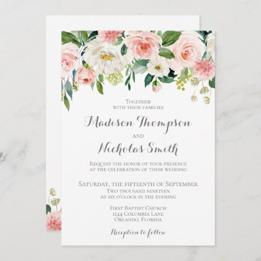 ピンクと白の花の結婚式招待状カード 招待状 (正面/裏面)