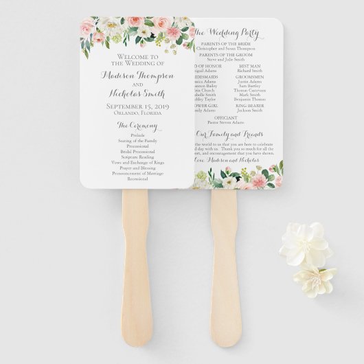 ピンクと白の花の結婚式 プログラムファン ハンドファン (正面&裏面)