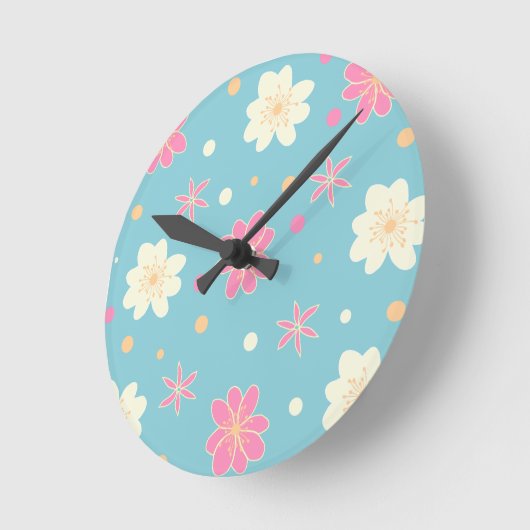 ピンクと白の花の継ぎ目のない模様 ラウンド壁時計 (傾斜)
