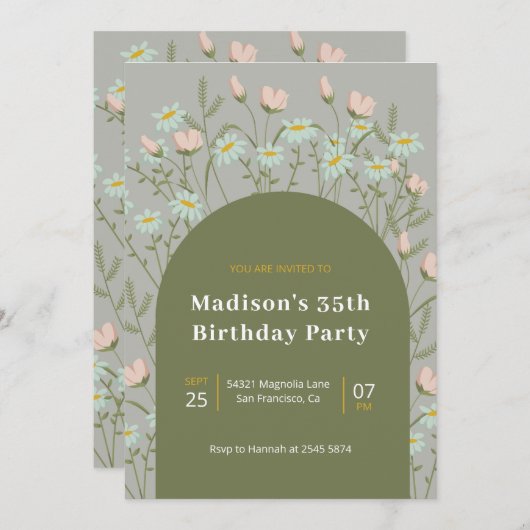 ピンクと白の花の誕生日 招待状 (正面/裏面)