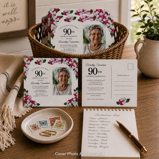 ピンクと白の花の90歳の誕生日 インビテーションポストカード