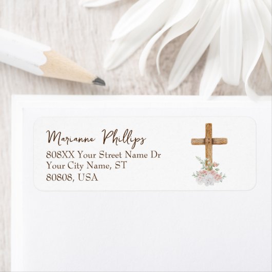 ピンクと白の花を持つ木目クロス ラベル (インサイチュ)