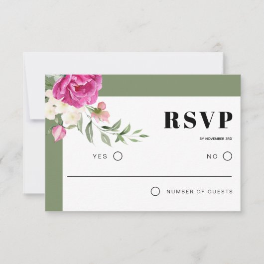 ピンクと白の花フローラセージ結婚グリーン 出欠カード (正面)