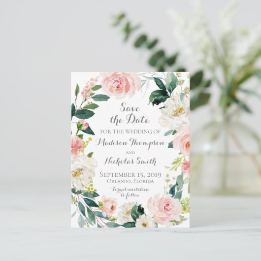 ピンクと白の花日付はがきを保存 ポストカード (スタンド正面)