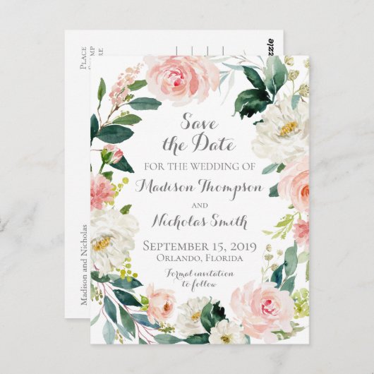 ピンクと白の花日付はがきを保存 ポストカード (正面/裏面)