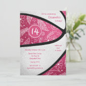 ピンクと白の花柄落書きバスケットボールお祝い 招待状 (スタンド正面)