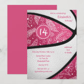 ピンクと白の花柄落書きバスケットボールお祝い 招待状 (正面/裏面)