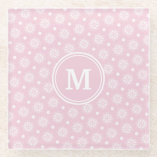 ピンクと白の花柄 ガラスコースター (正面)