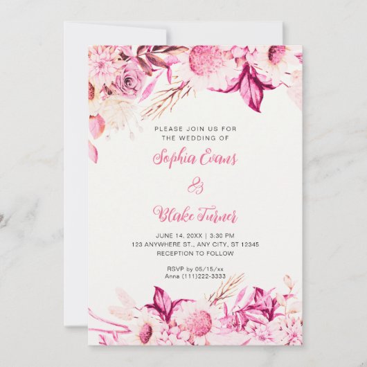 ピンクと白の花白のオフ結婚の花 招待状 (正面)