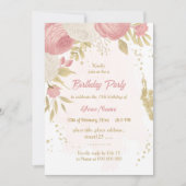 ピンクと白の花金ゴールドの誕生日パーティー 招待状 (正面)