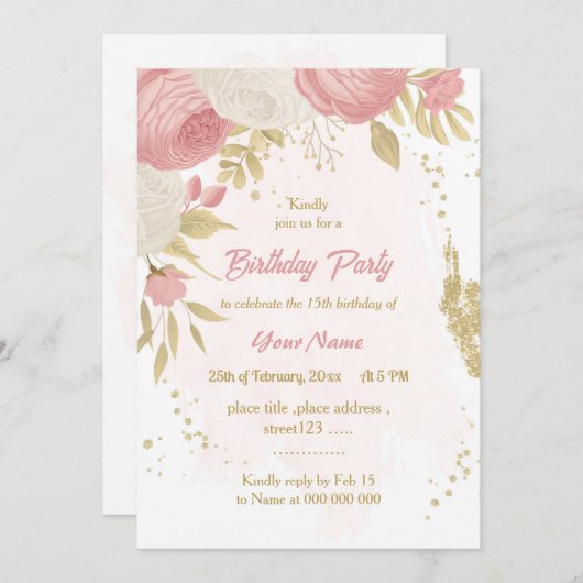 ピンクと白の花金ゴールドの誕生日パーティー 招待状 (正面/裏面)