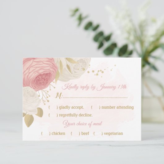 ピンクと白の花金ゴールド植物性食品の選択 出欠カード (スタンド正面)