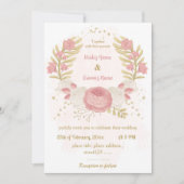 ピンクと白の花金ゴールド植物結婚リース 招待状 (正面)