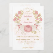ピンクと白の花金ゴールド植物結婚リース 招待状 (正面/裏面)