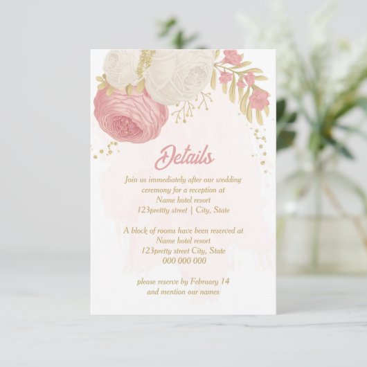 ピンクと白の花金ゴールド結婚植物 エンクロージャーカード (スタンド正面)