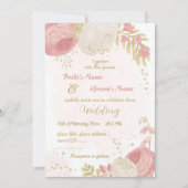 ピンクと白の花金ゴールド結婚植物 招待状 (正面)