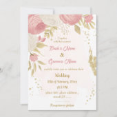 ピンクと白の花金ゴールド結婚植物 招待状 (正面)