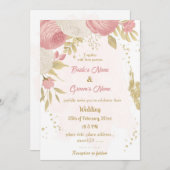ピンクと白の花金ゴールド結婚植物 招待状 (正面/裏面)