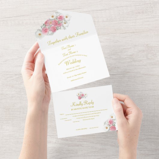 ピンクと白の花 オールインワン招待状 (貼ってはがせる)