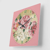 ピンクと白の花 スクエア壁時計 (傾斜)